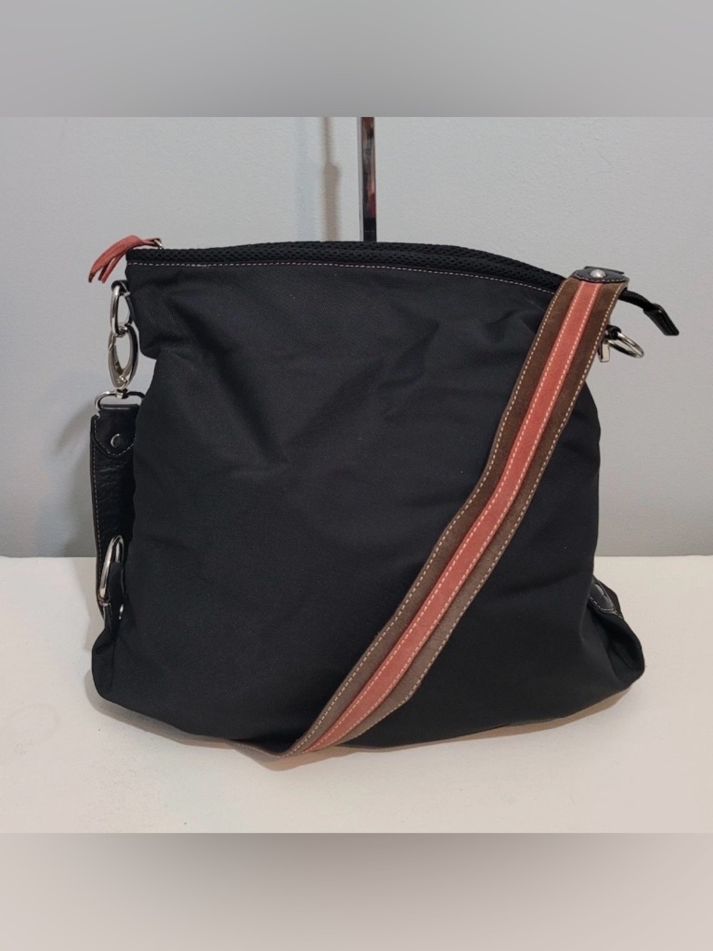 Cole Haan Black Nylon Hobo Shoulder Bag with Striped Leather Strap